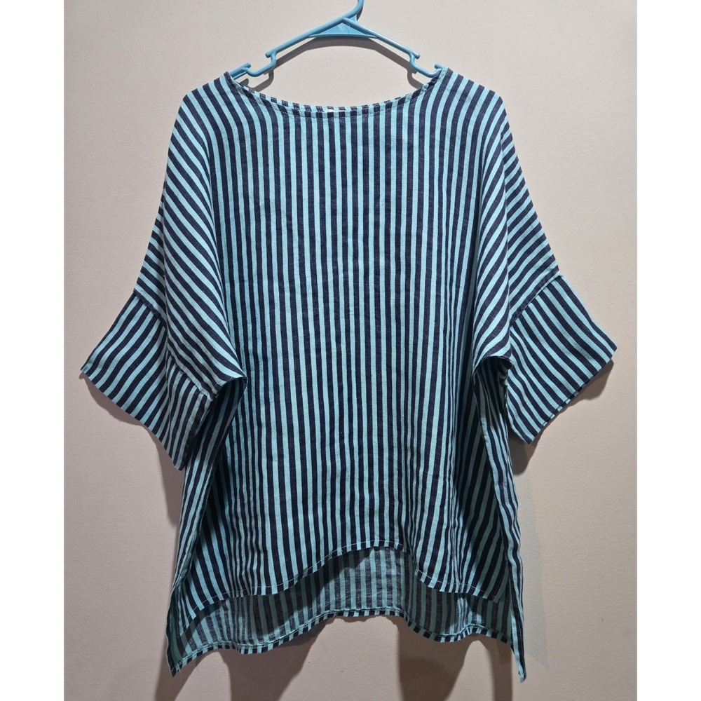 Liabella Linen Striped Tunic Blouse 3/4 Kimono Sleeve Round Neck One Size
